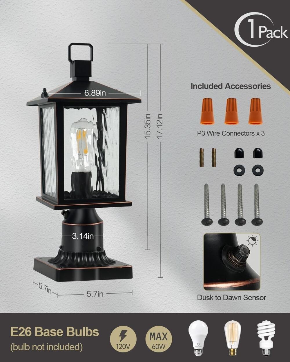 Dusk to Dawn Outdoor Post Light, Oil-Rubbed Bronze Pole Lantern